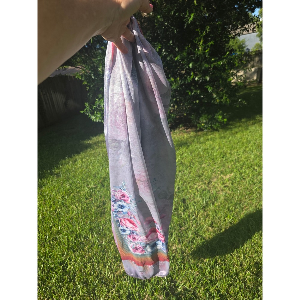 Lavender Floral Scarf Metallic Lurex Shimmer Pink Rose Rainbow Stripe Border - Picture 4 of 7
